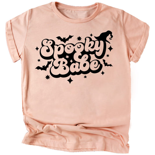 Close-up of orange spiderweb Spooky Babe print on vintage burgundy toddler shirt