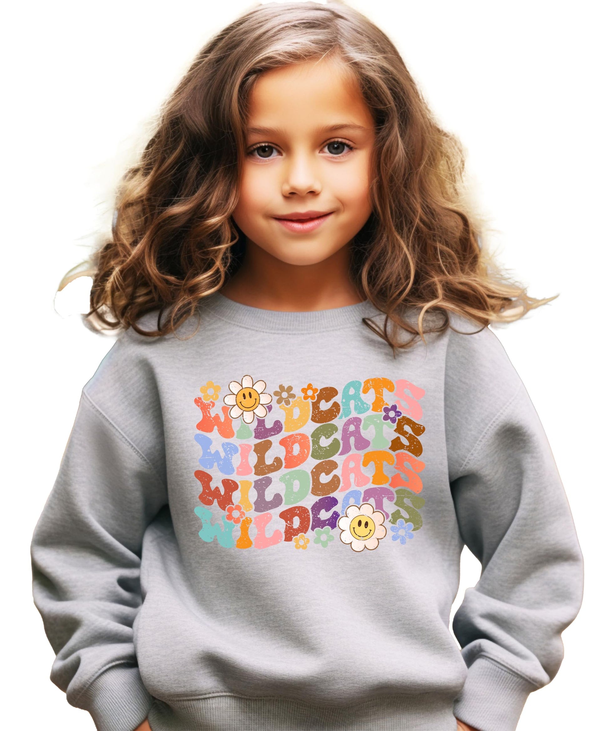 Vintage sports Wildcats sweatshirt displaying bold multicolor wavy text design