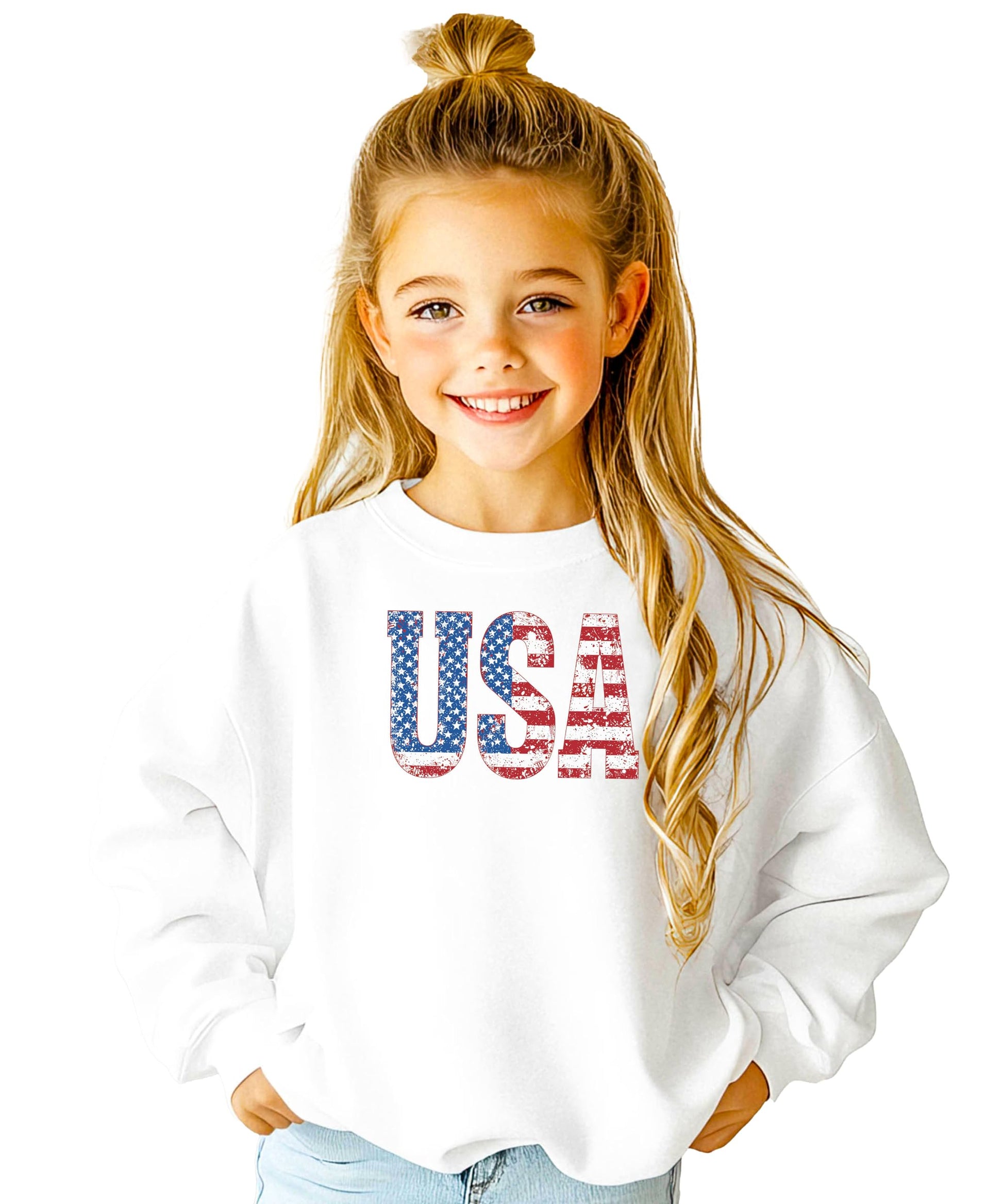 Close-up of distressed American flag print on black pullover sweatshirt