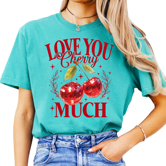 Front view of red disco cherry graphic Valentine's Day shirt for women and teens
