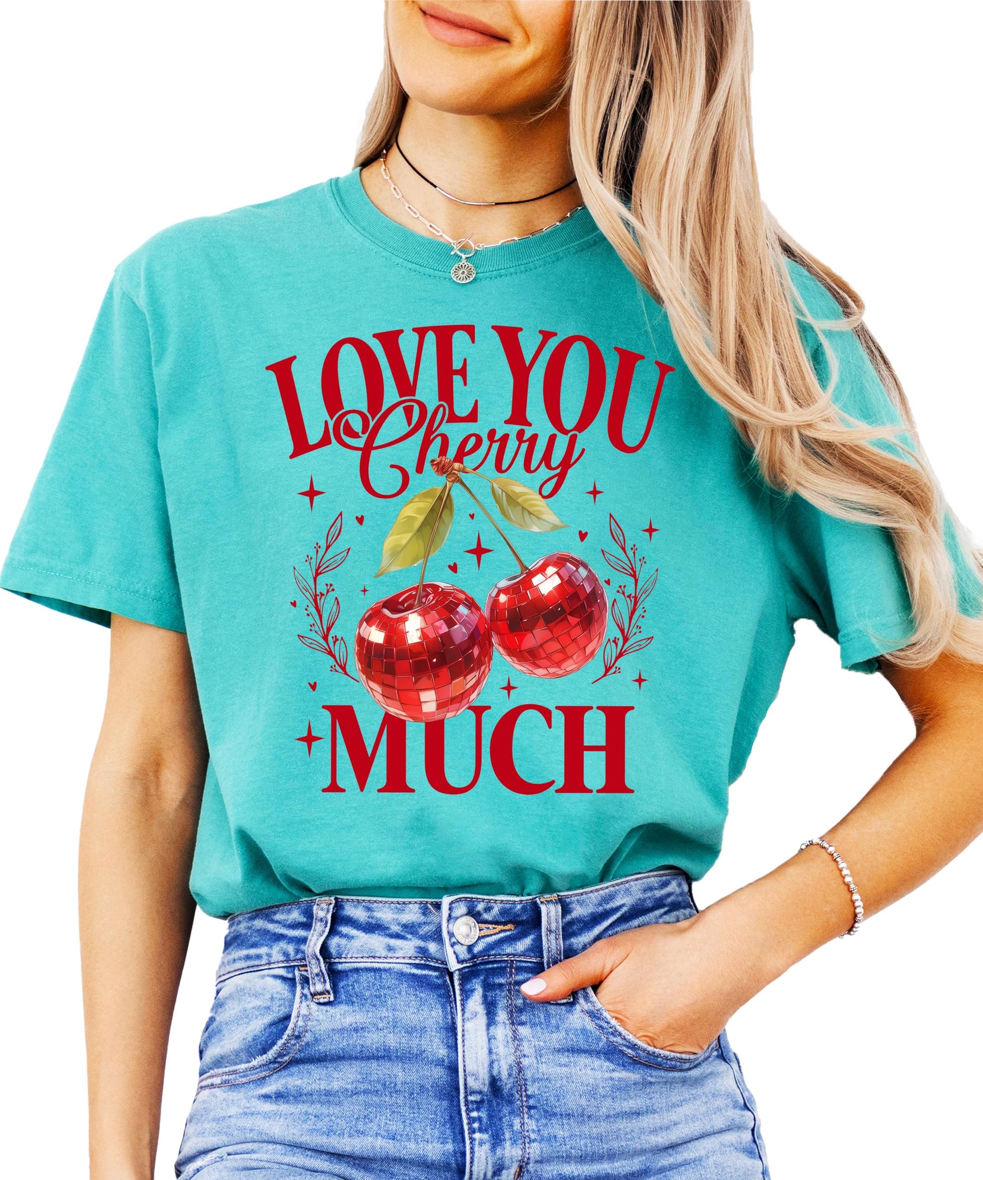 Front view of red disco cherry graphic Valentine's Day shirt for women and teens