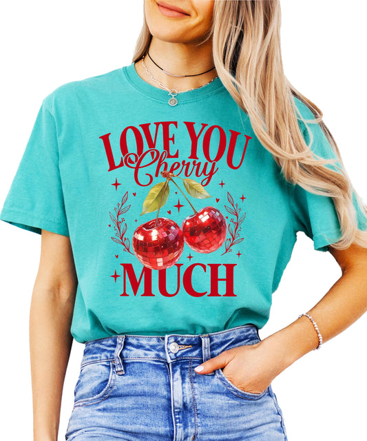 Front view of red disco cherry graphic Valentine's Day shirt for women and teens