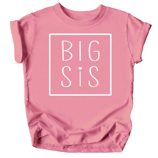 Purple Big Sis square graphic sibling reveal announcement shirt for toddler girls by Olive Loves Apple