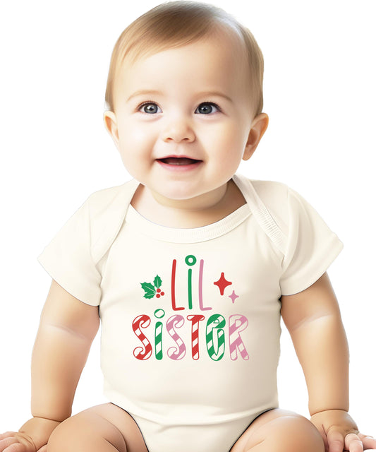 Lil Sister Candy Cane Stripes Shirt or Baby Bodysuit for Girls Little Sibling Christmas Graphic Tee