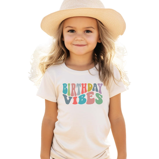 Birthday Vibes girls shirt styled as part of a cute toddler birthday outfit