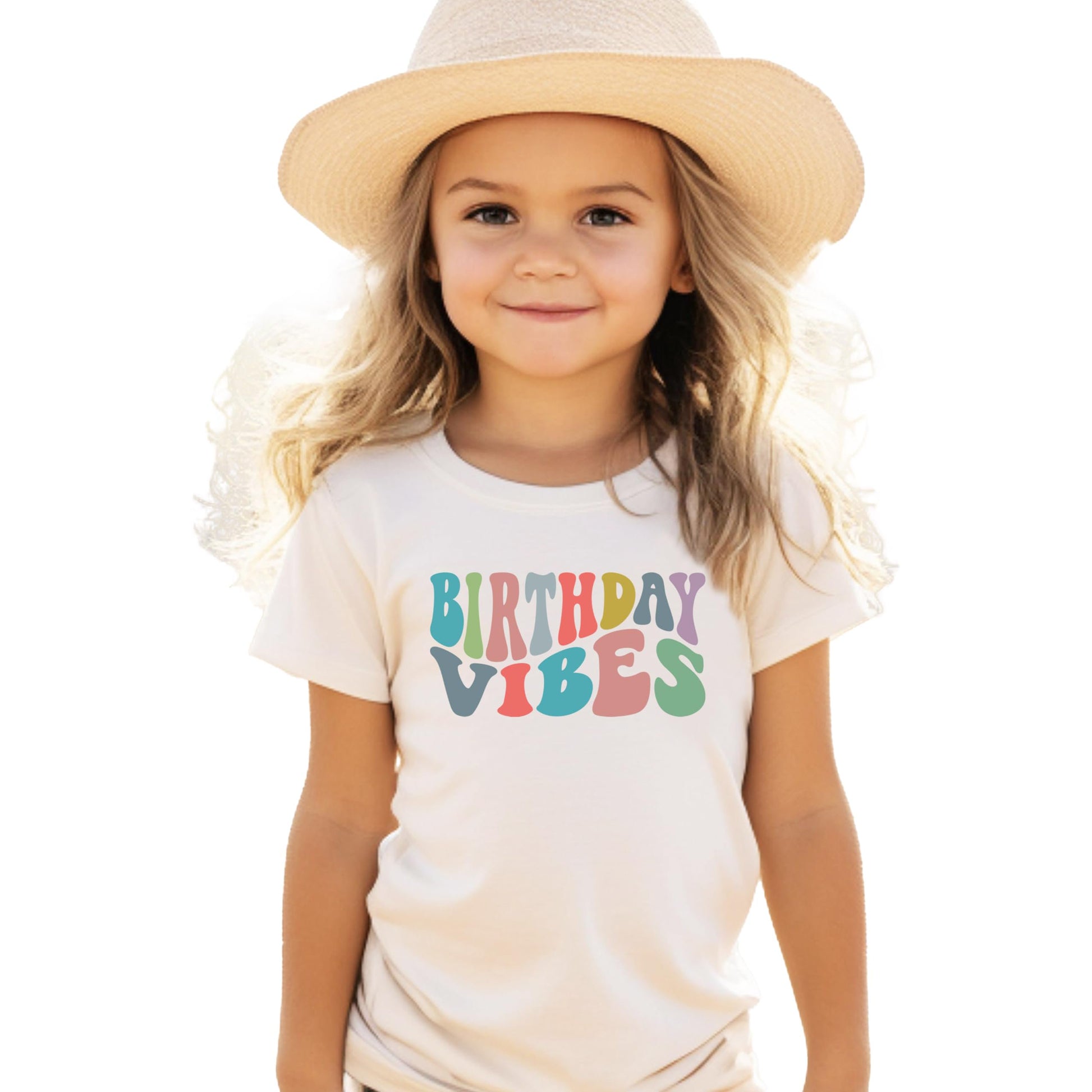 Birthday Vibes girls shirt styled as part of a cute toddler birthday outfit