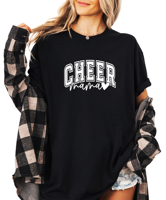 Close-up of cheer mama shirt graphic showing CHEER in block letters with mama script underneath