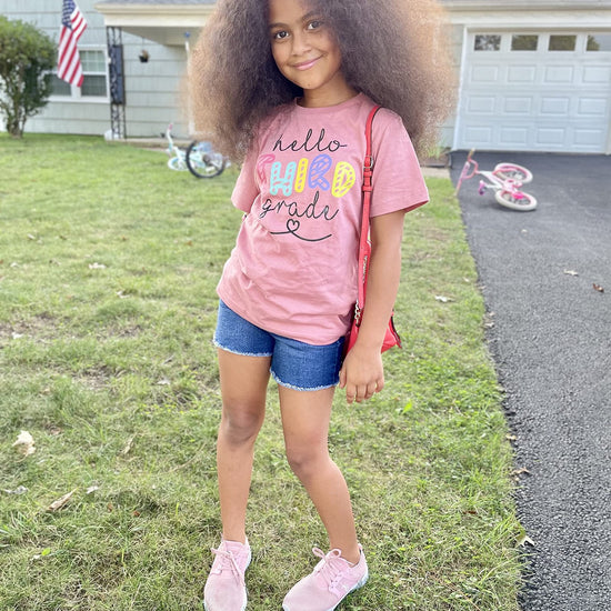 Hello 3rd Grade youth tee styled for back to school first day photo outfit idea