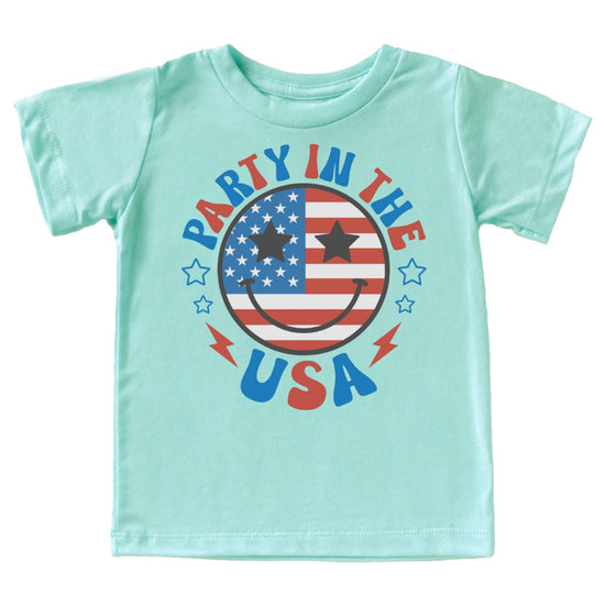 Multiple family members in coordinating Independence Day themed shirts