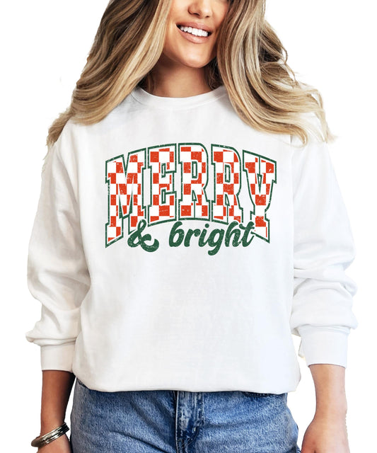Back or side view of youth Merry and Bright retro check gray Christmas sweatshirt
