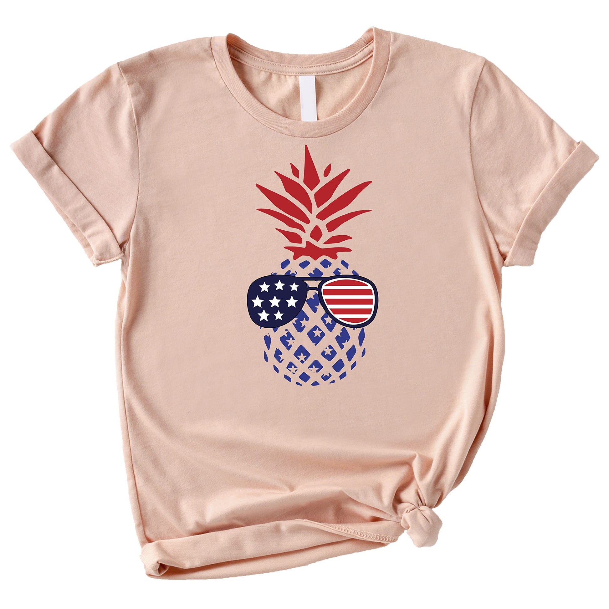 Natural color graphic tee with American flag sunglasses pine design worn for 4th of July
