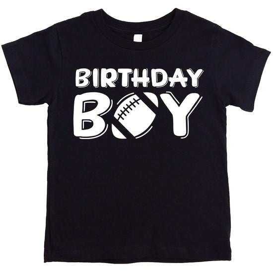 Front view of football-themed birthday boy graphic tee in granite heather for kids