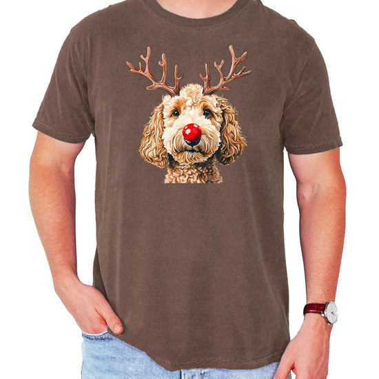 Front view of Goldendoodle holiday graphic tee showing festive doodle reindeer design