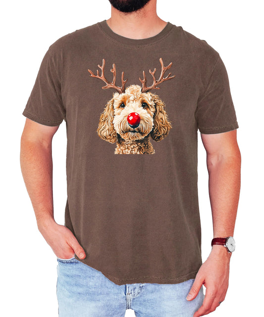 Front view of Goldendoodle holiday graphic tee showing festive doodle reindeer design