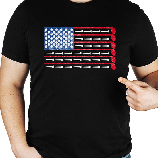 Patriotic men's golf t-shirt with red white and blue flag design laid flat