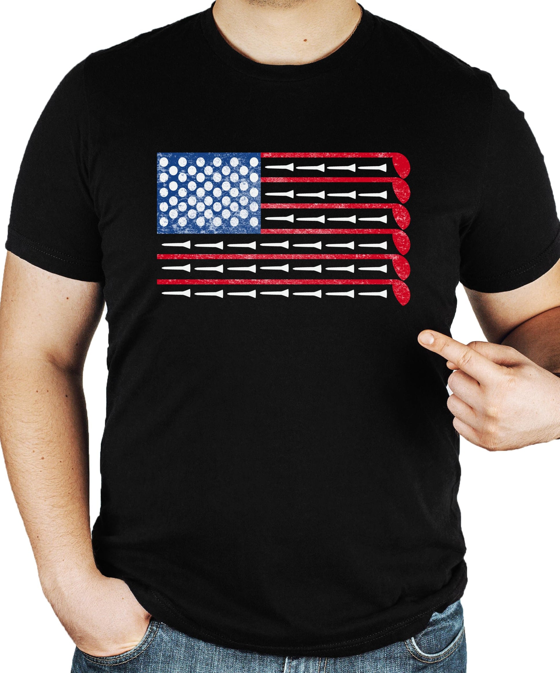 Patriotic men's golf t-shirt with red white and blue flag design laid flat