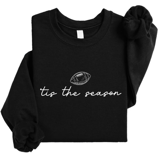 Teen and women's trendy game day sweatshirt with 'Tis the Season football graphic design