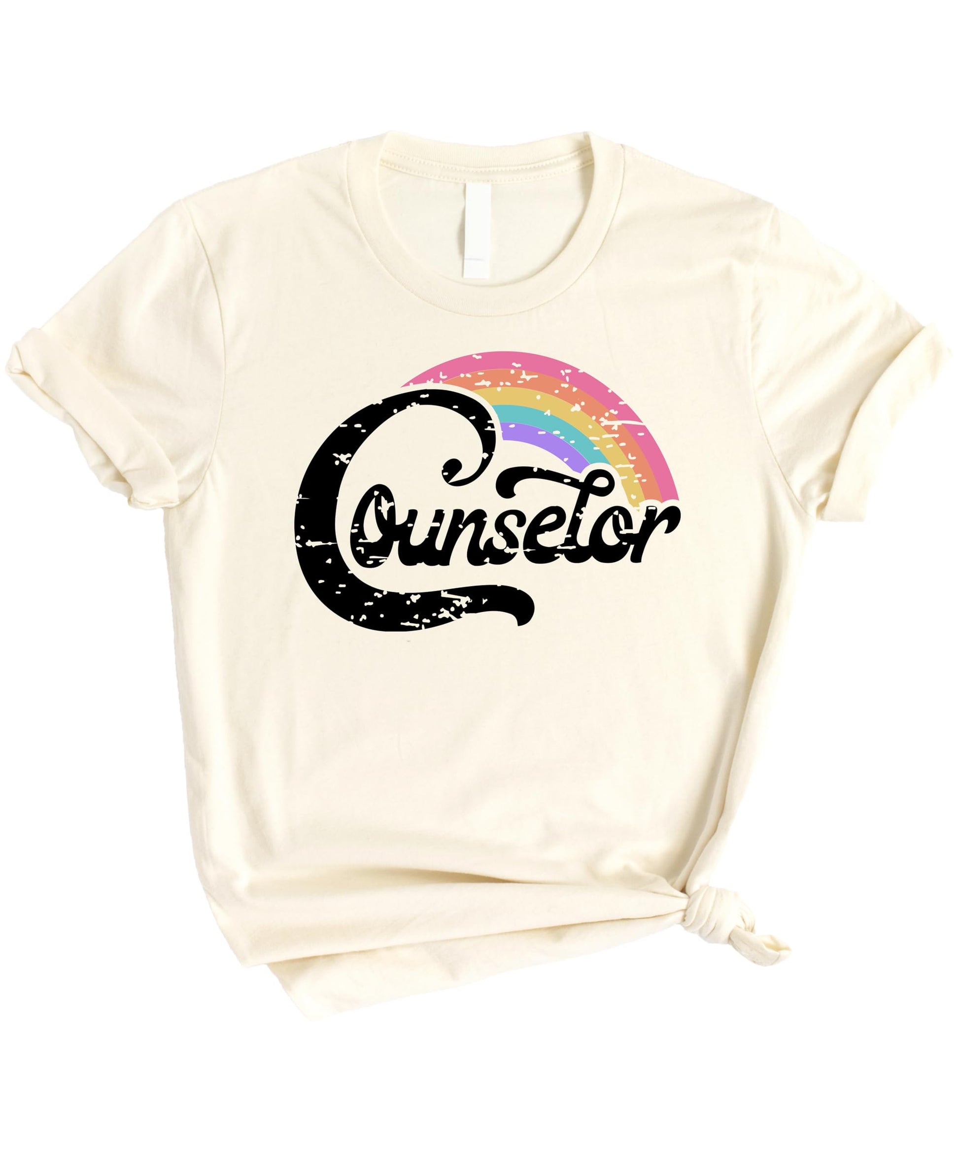 Women's black graphic tee with colorful rainbow counselor design for first and last day of school