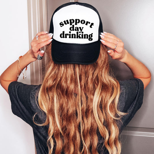 Support Day Drinking Funny Men and Women's Classic 5 Panel Mesh Snap Back Trucker Hat