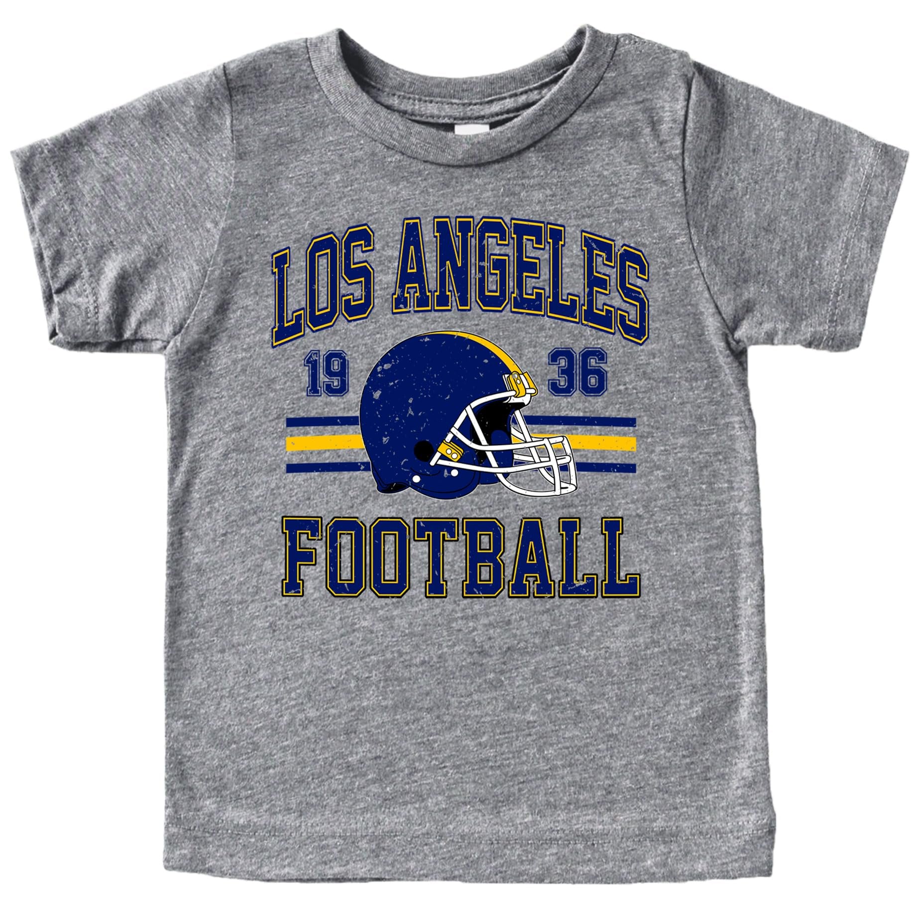 Vintage Los Angeles Football 1936 shirt in natural color with blue and gold distressed graphic and classic helmet design