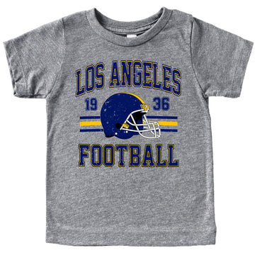 Vintage Los Angeles Football 1936 shirt in natural color with blue and gold distressed graphic and classic helmet design