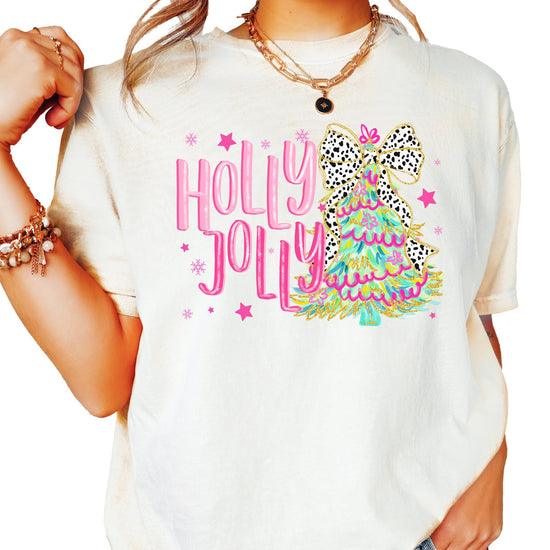 Back or side view of Holly Jolly colorful Christmas tree graphic tee for women