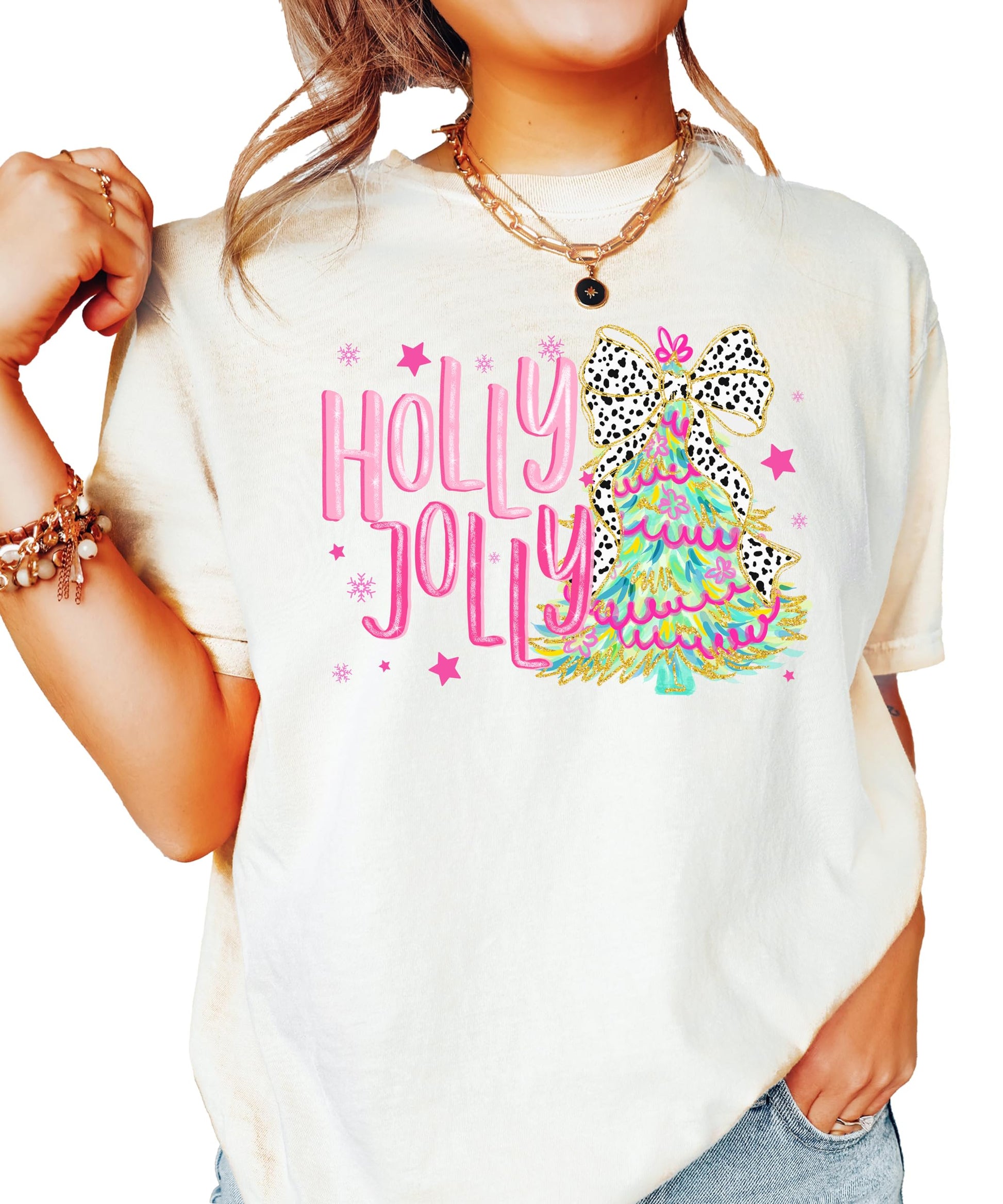 Back or side view of Holly Jolly colorful Christmas tree graphic tee for women