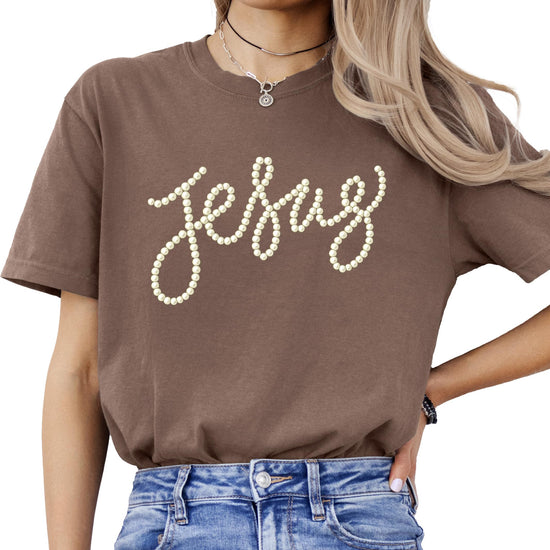Back or detail view of seafoam Jesus faith tee for women