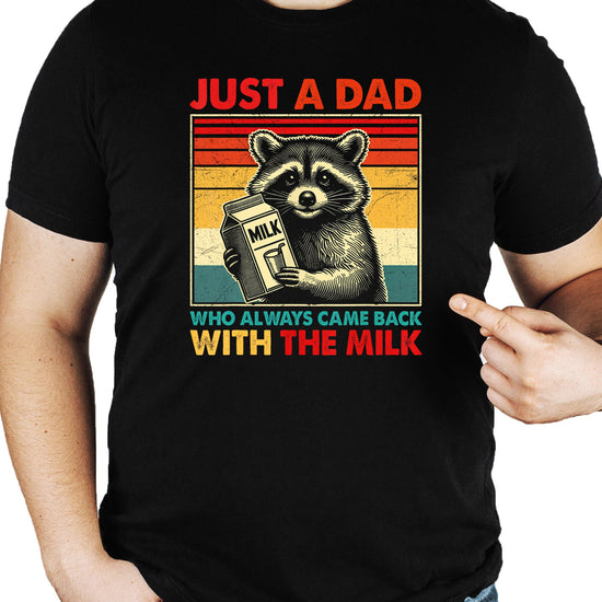 Close-up of raccoon graphic print on black funny dad t-shirt showing print detail and quality