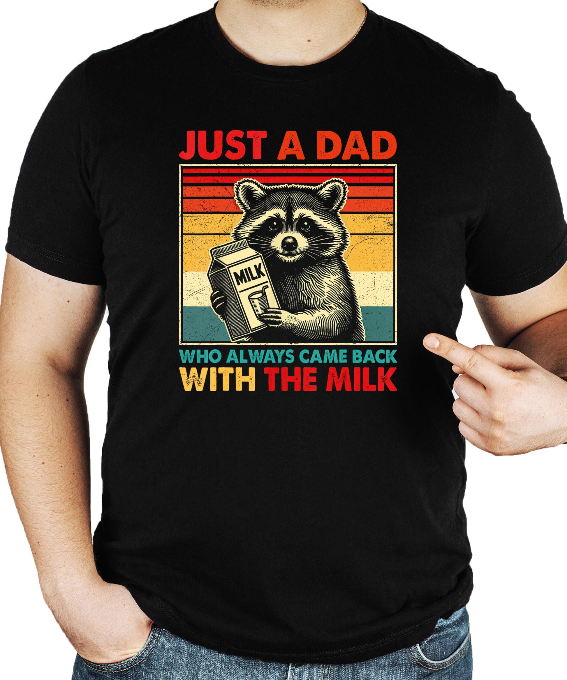 Close-up of raccoon graphic print on black funny dad t-shirt showing print detail and quality