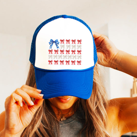 Coquette Bow USA Flag Trucker Hat for Women & Teens Foam Front Classic 5 Panel Mesh Snap Back