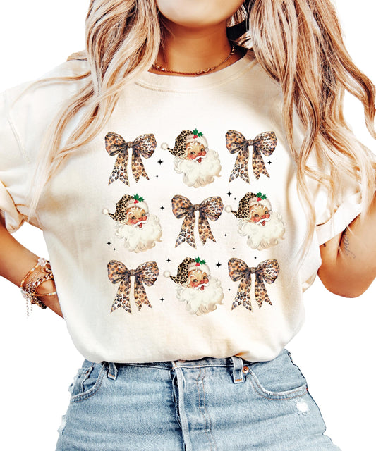 Close-up of Santa leopard print Christmas design on women's t-shirt