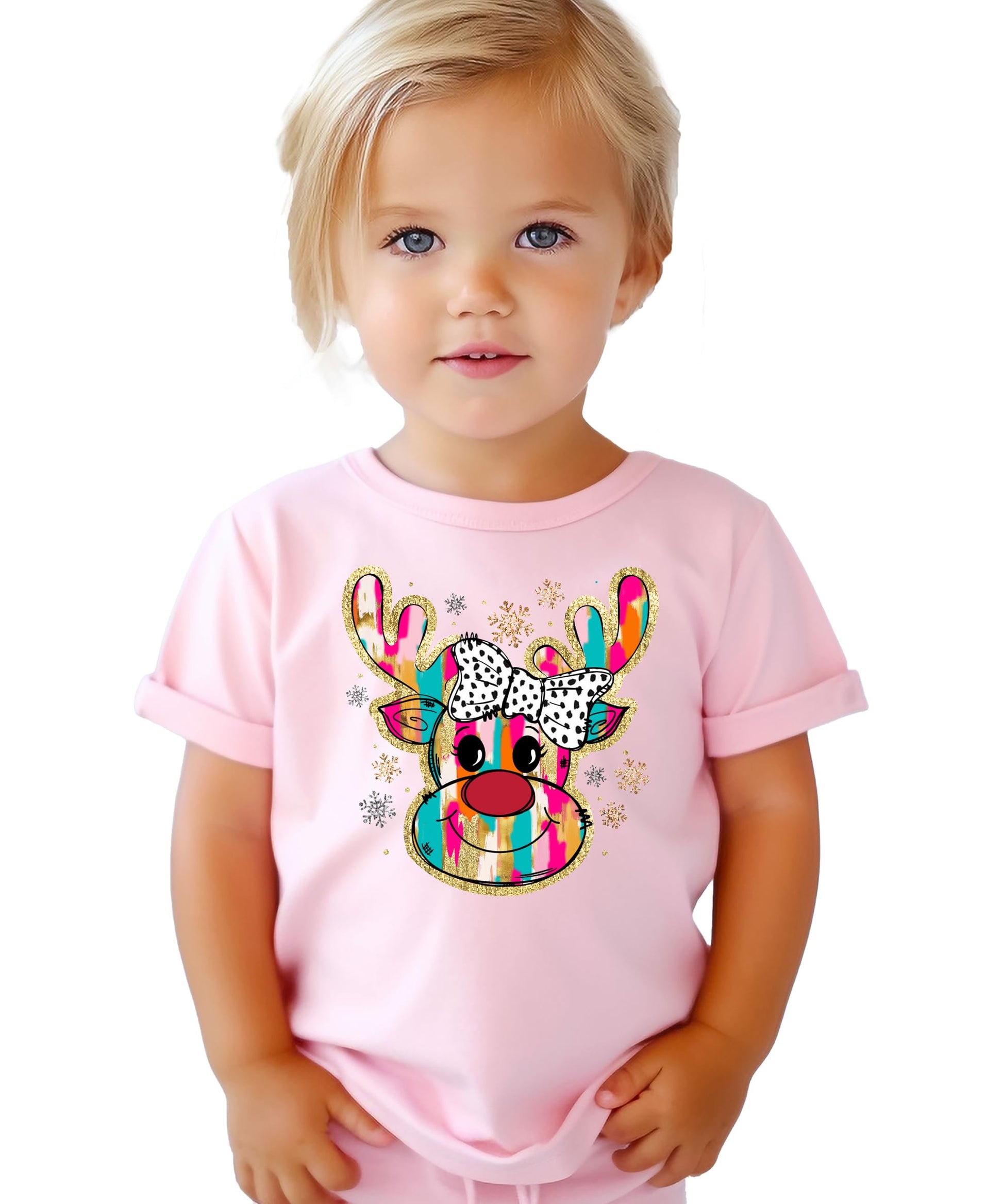 Flat lay of girls' pink Christmas reindeer shirt showing full graphic and crew neck style