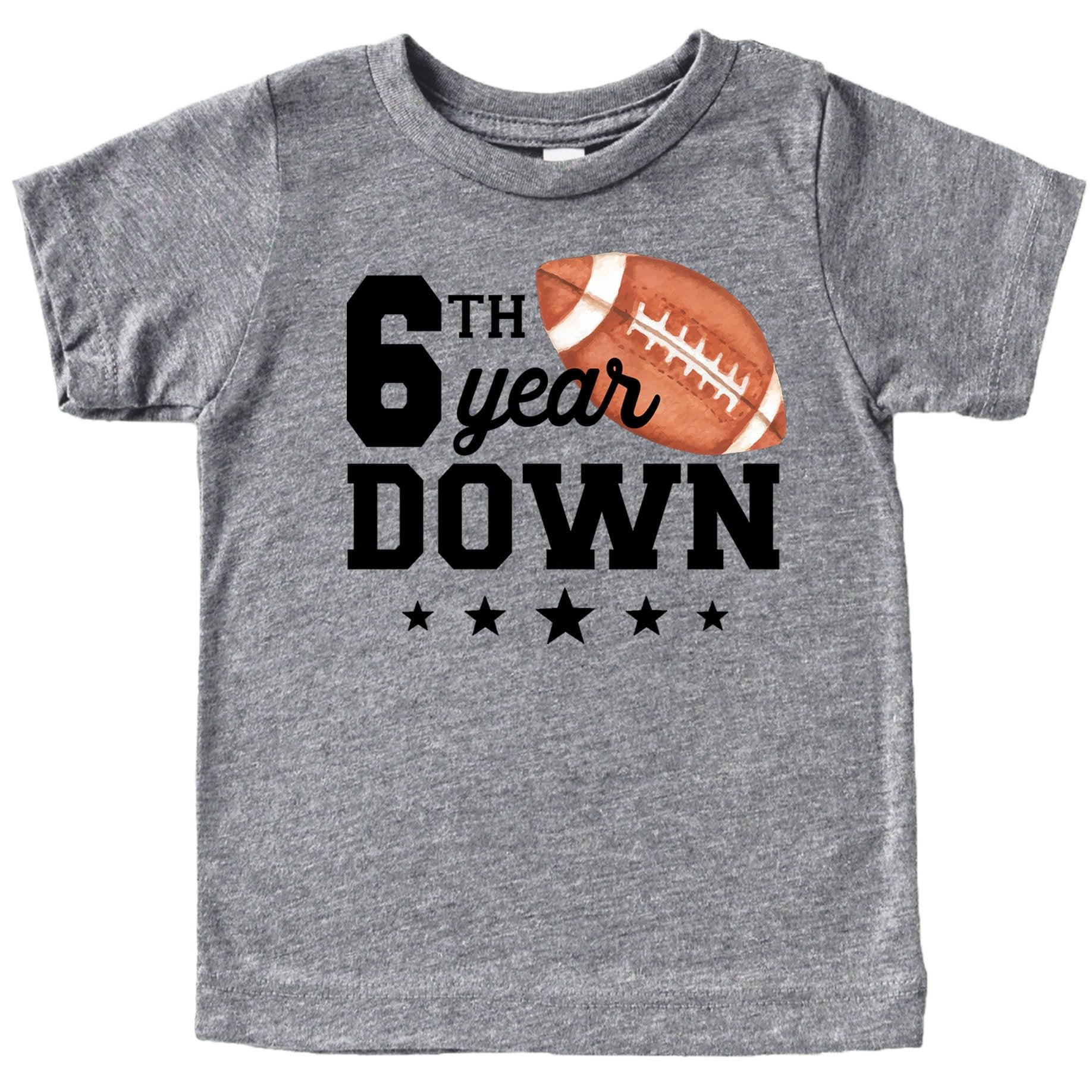 Kids natural color tee with 6th Year Down football graphic for sixth birthday