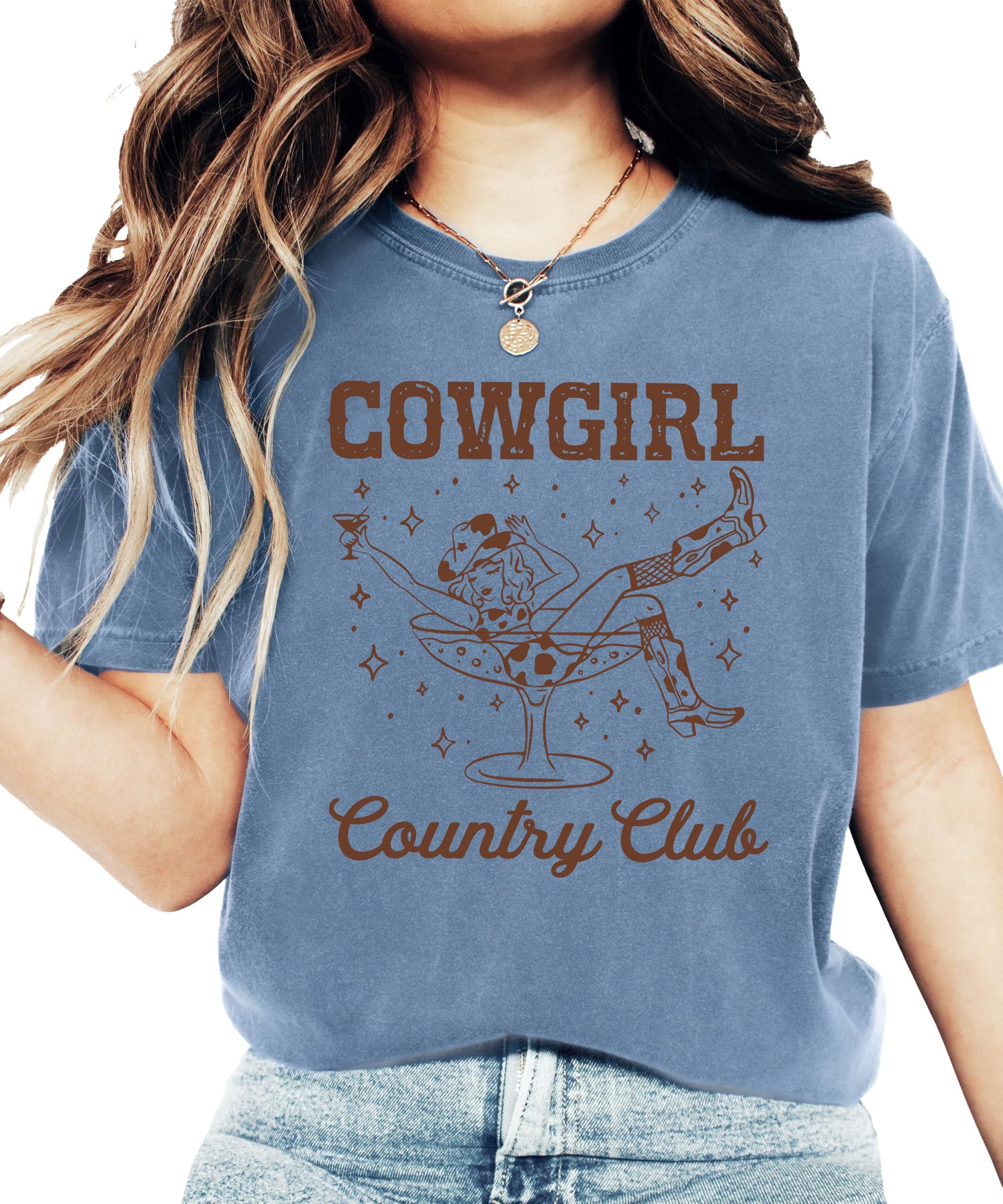 Cowgirl Country Club shirt with retro cowgirl in cocktail glass design on blue denim tee