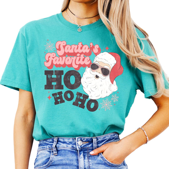 Women's seafoam green retro Santa Ho Ho Ho funny Christmas graphic tee from Olive Loves Apple