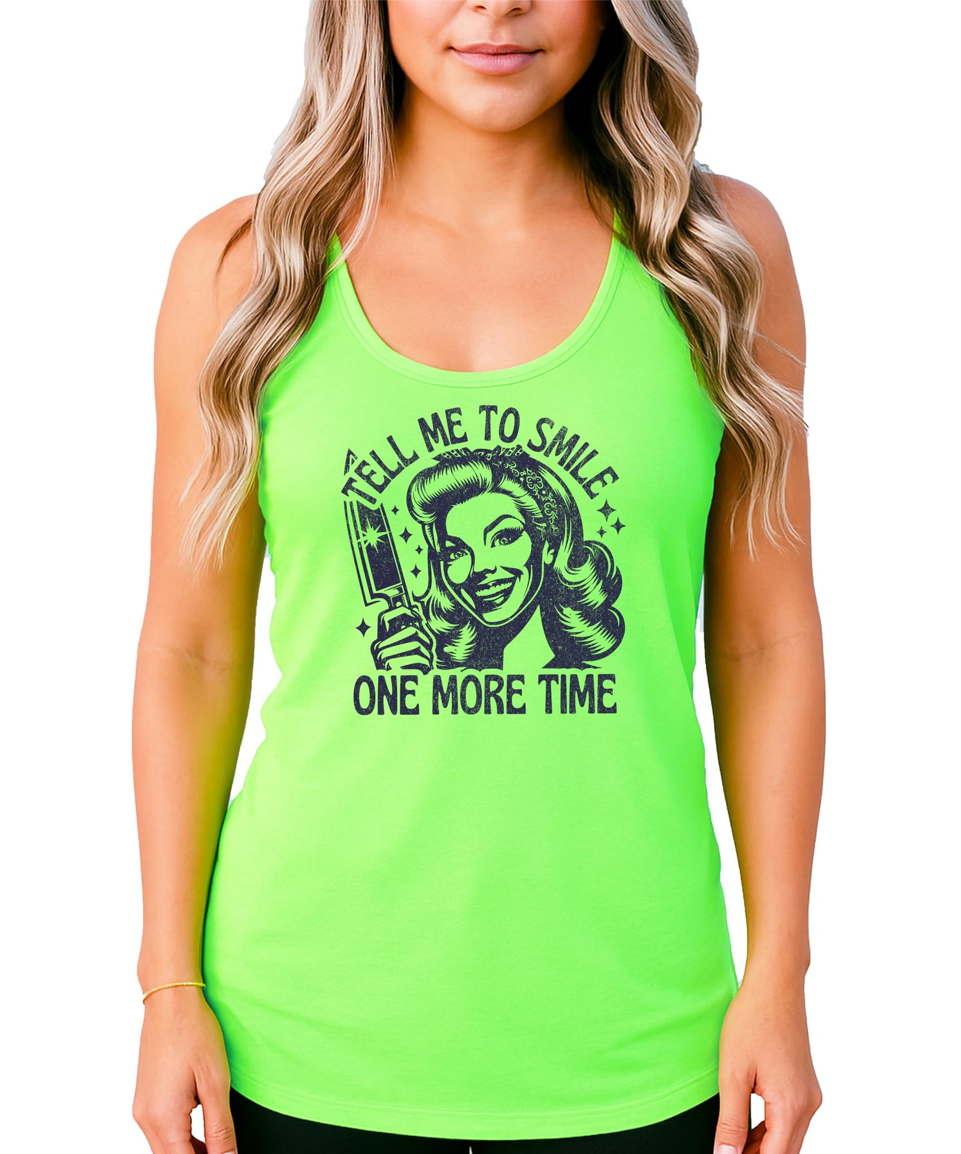 Close-up of Tell Me to Smile slogan graphic print on women's sleeveless tank top