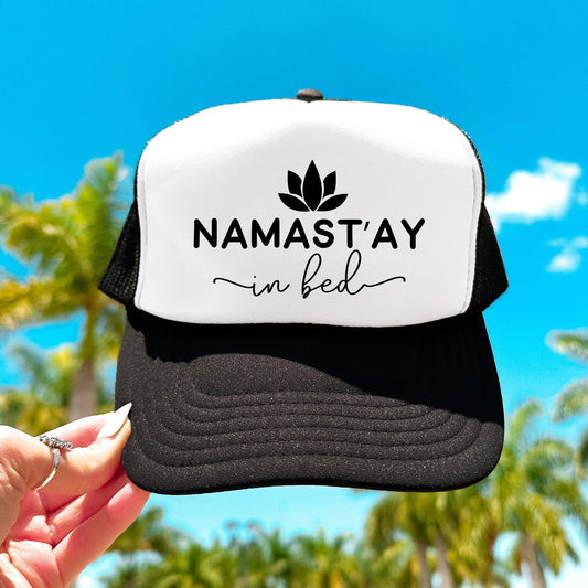 Namast'ay in Bed Trucker Hat Funny Yoga & Meditation Graphic Classic 5 Panel Mesh Snap Back
