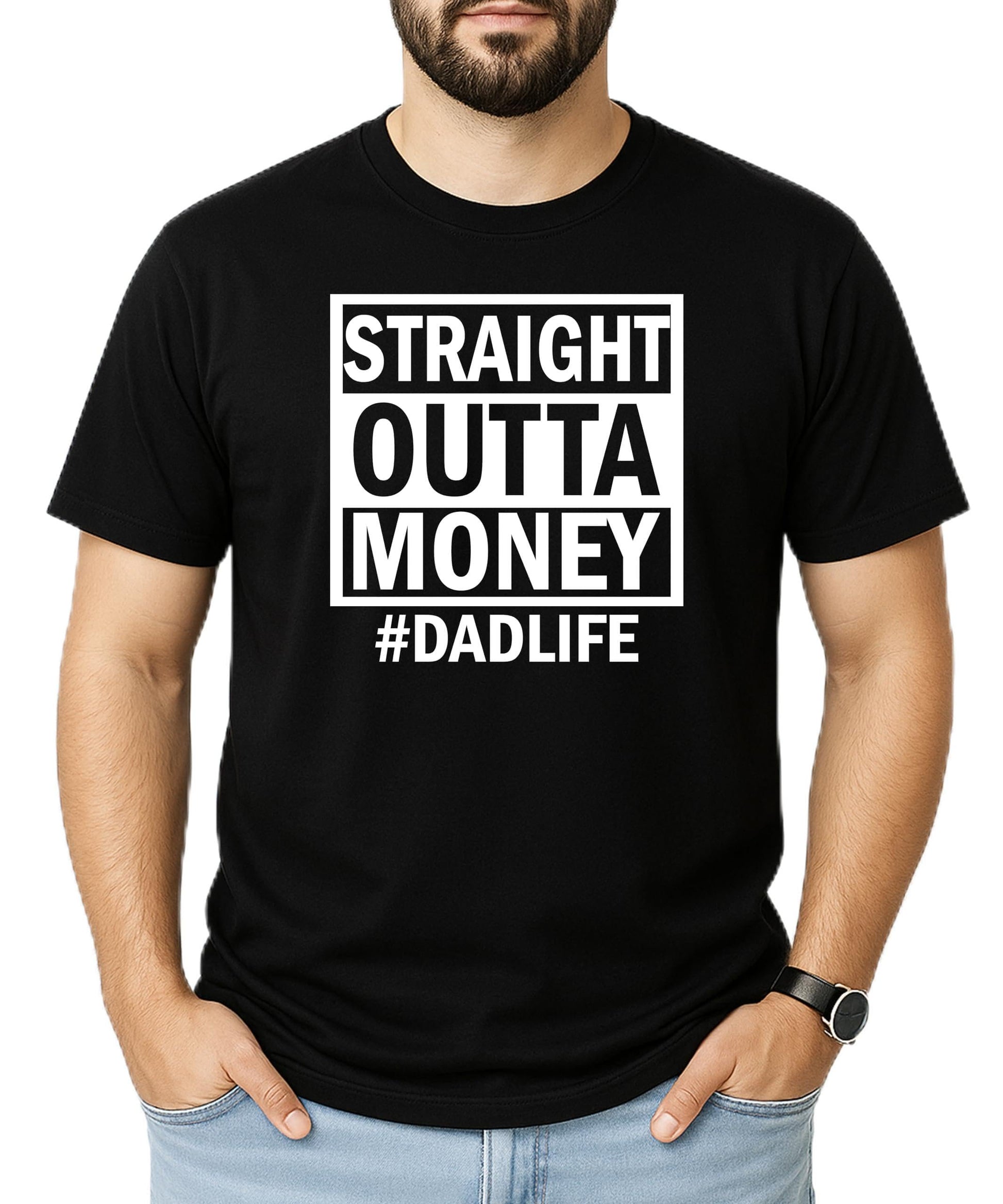 Back view of royal blue Straight Outta Money funny dad t-shirt