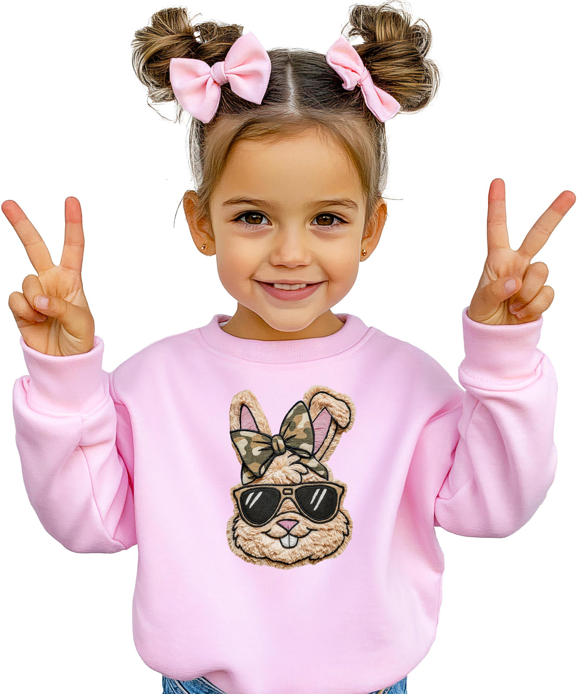 Black pullover sweatshirt featuring trendy bunny with sunglasses and camo bow
