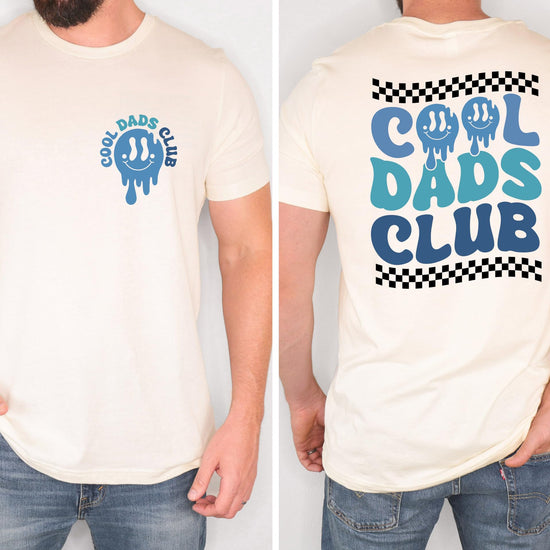Close-up of Cool Dad's Club graphic print on natural unisex tee