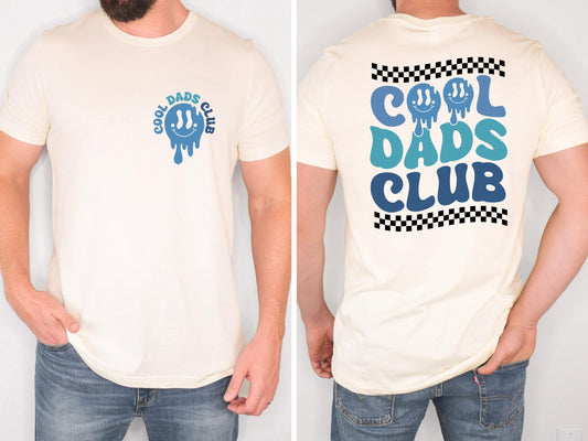 Close-up of Cool Dad's Club graphic print on natural unisex tee