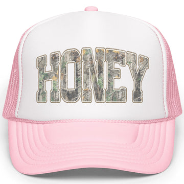 Camo Honey Trucker Hat for Women Trendy Country Girl Classic 5 Panel Foam Front Mesh Snapback