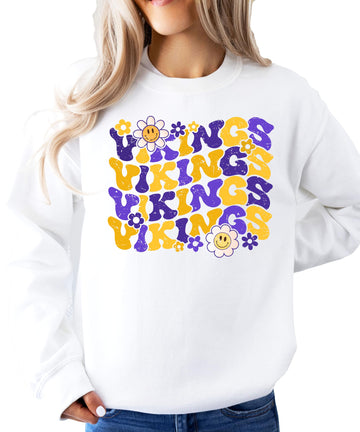 Vikings Team Sweatshirt for Women, Teens & Kids Floral Groovy Sports Team Sweater Gray Sweatshirt Adult Large