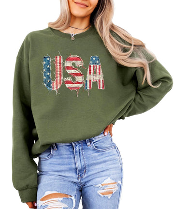 Flat lay of white USA flag crewneck sweatshirt showing ribbed cuffs and hem detail with patriotic graphic