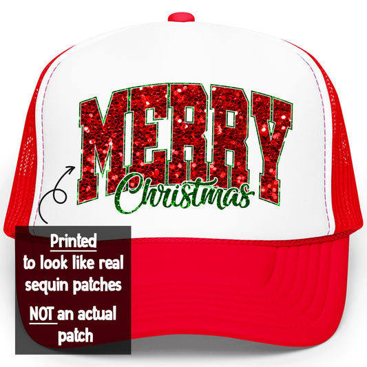 Merry Christmas Red & Green Ink-Printed Sequin Trucker Hat Foam Front Classic 5 Panel Mesh Snapback