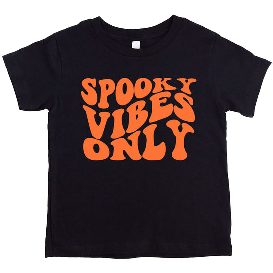 Front view of kids Spooky Vibes Only Halloween shirt with retro orange groovy design on burgundy tee