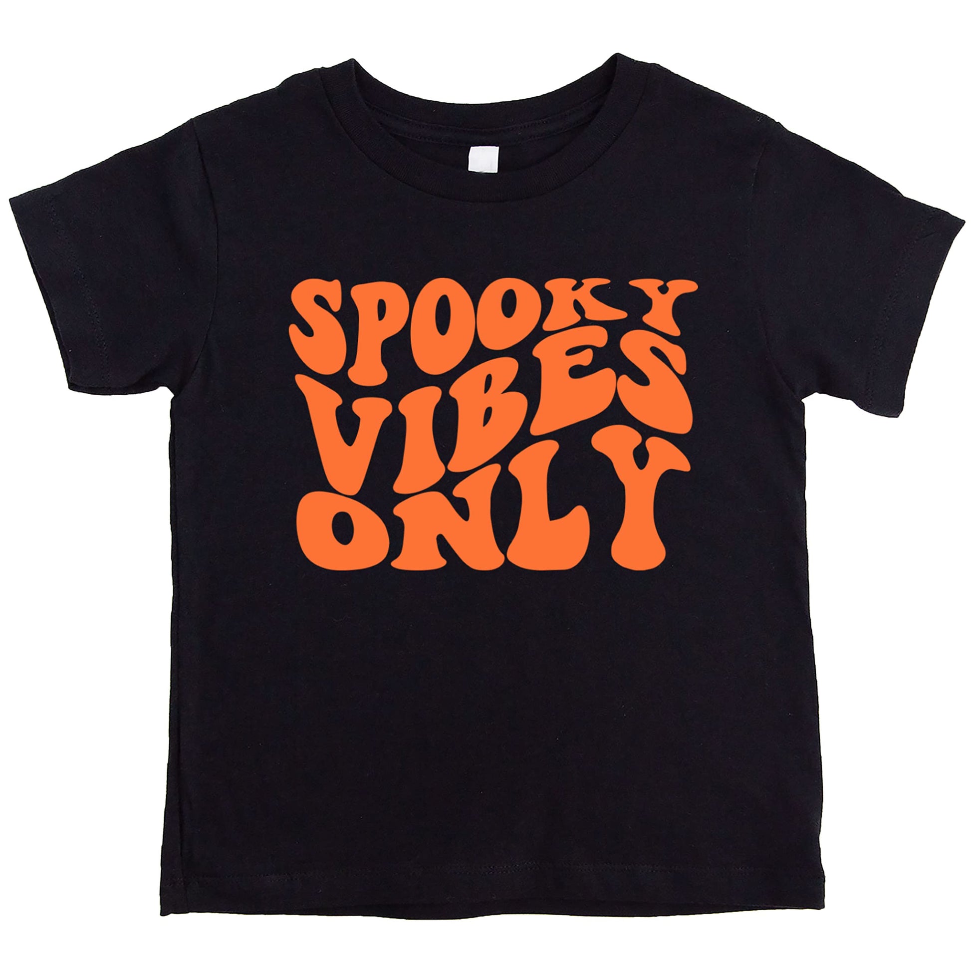 Front view of kids Spooky Vibes Only Halloween shirt with retro orange groovy design on burgundy tee