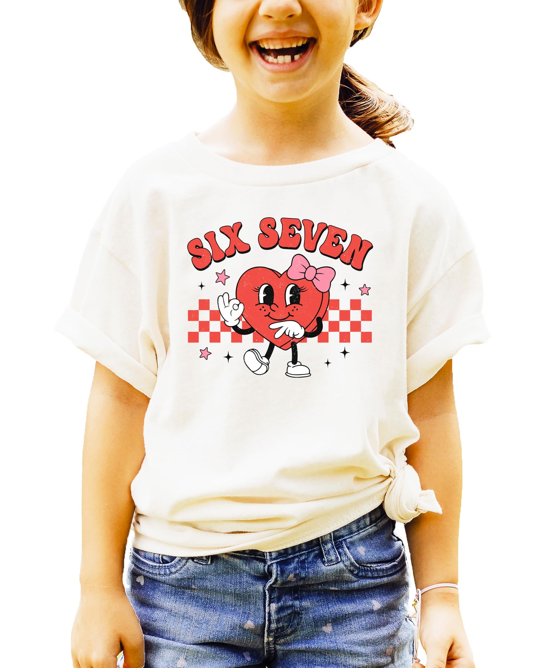 Front view of funny six seven Valentine's heart kids t-shirt with checkered graphic design