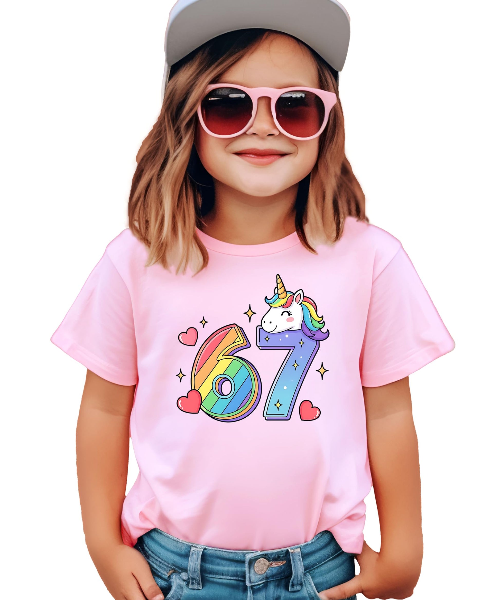 Close-up of rainbow striped number 6 and purple starry number 7 with unicorn birthday shirt design
